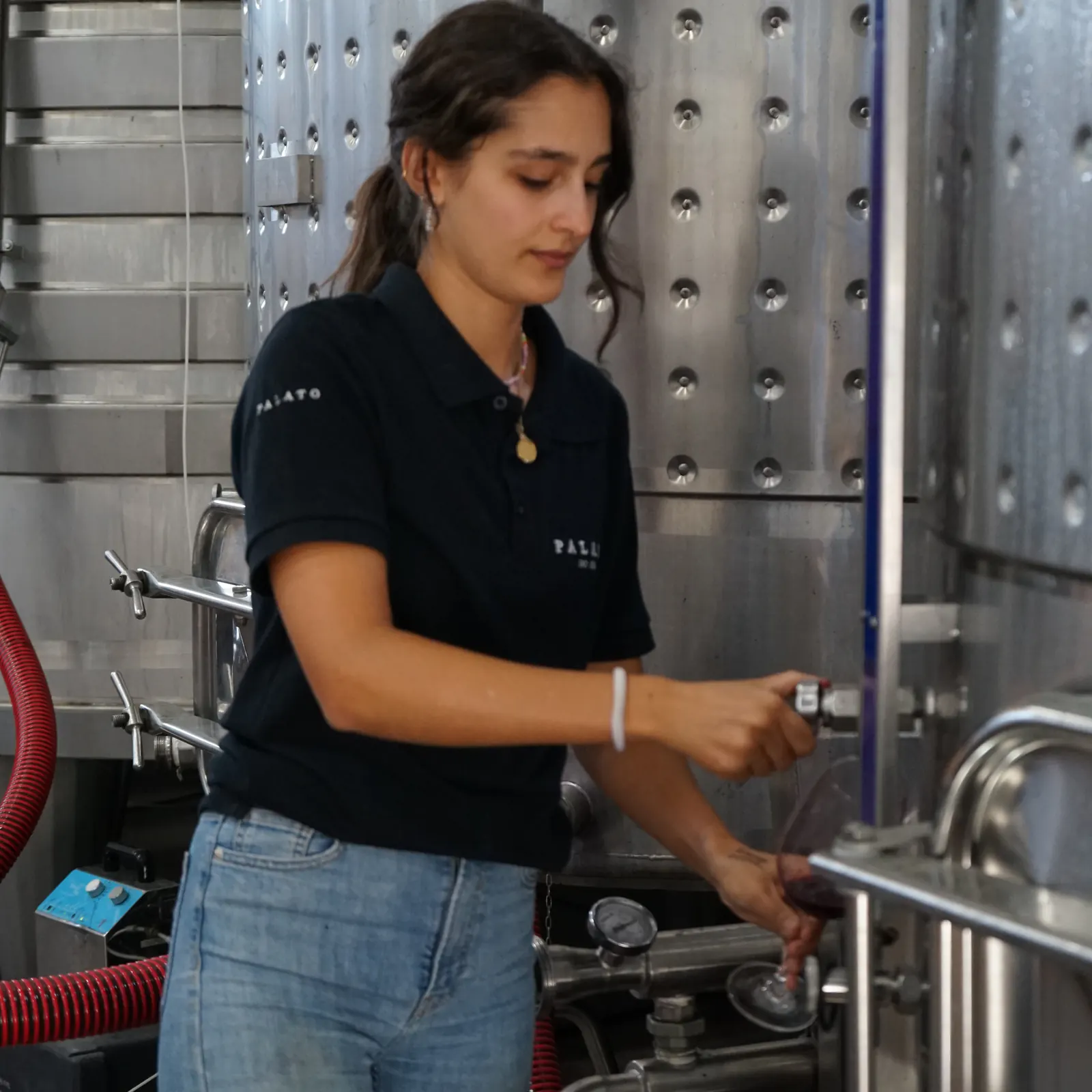 Uma pessoa da equipa tira vinho da cuba para uma taça, na adega